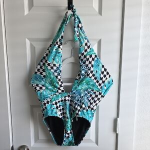 Gianni Bini Black & Blue Swimsuit One Piece Halter Medium G175